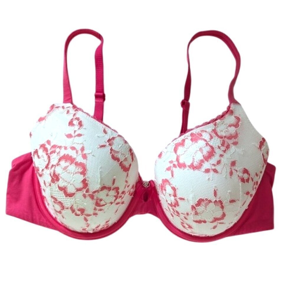 Like New VS Lined Perfect Coverage White/Hot‎ Pink Lace 36C